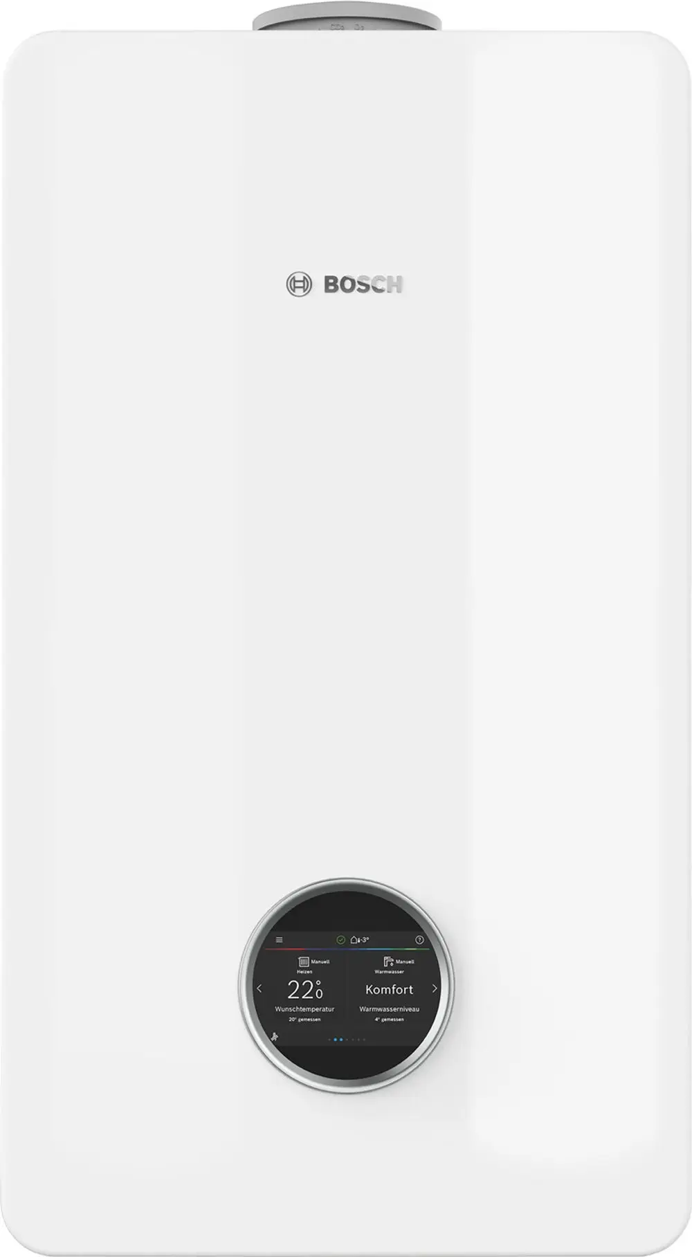 Weißes wandhängendes Heizgerät von Bosch mit runden Touch-Bedienfeld in der Mitte, zeigt Temperatur und Einstellungen auf einem digitalen Display.